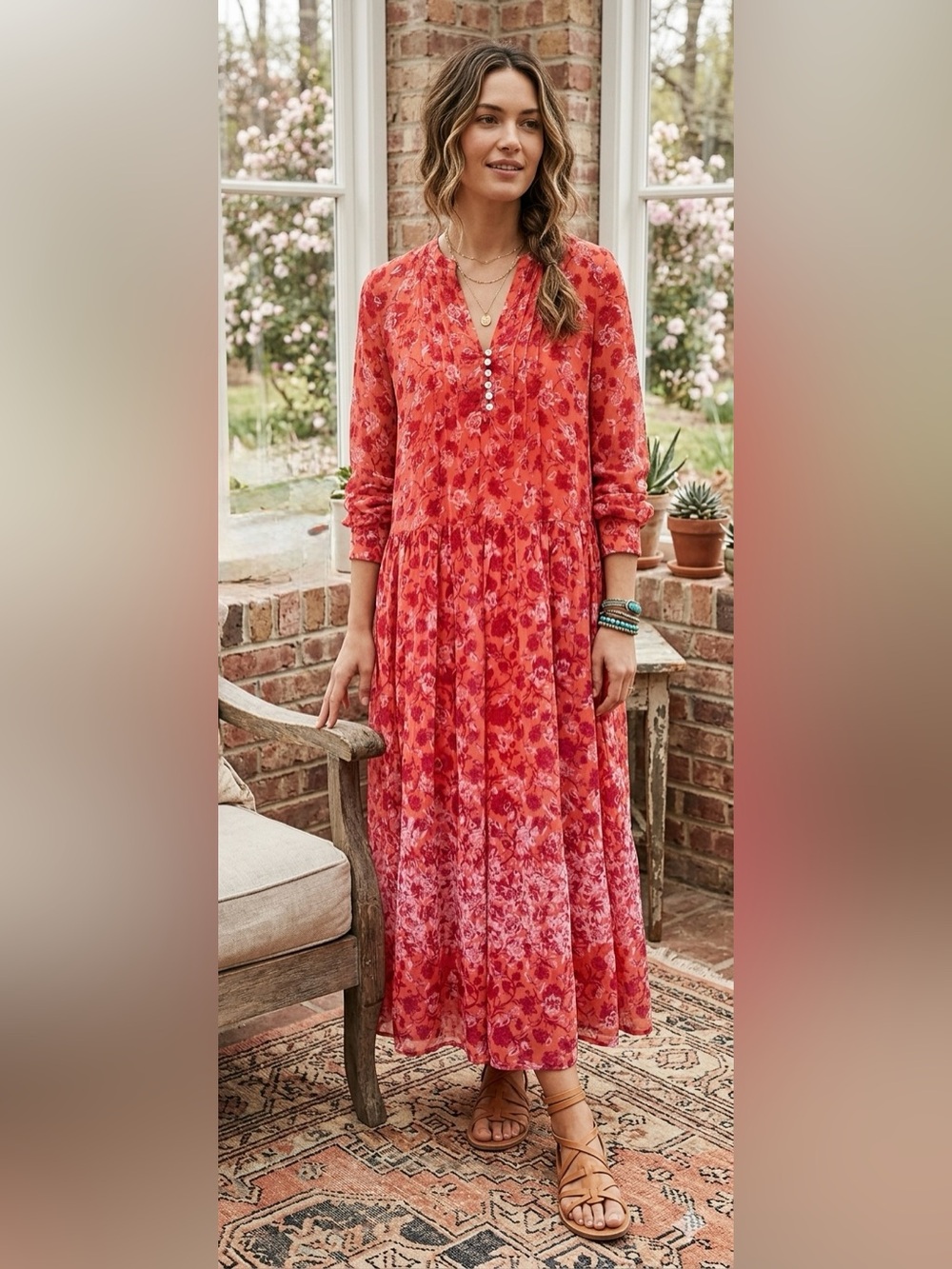 Free People Coral See It Through Flowy Long Sleeve Maxi Dress Size Small